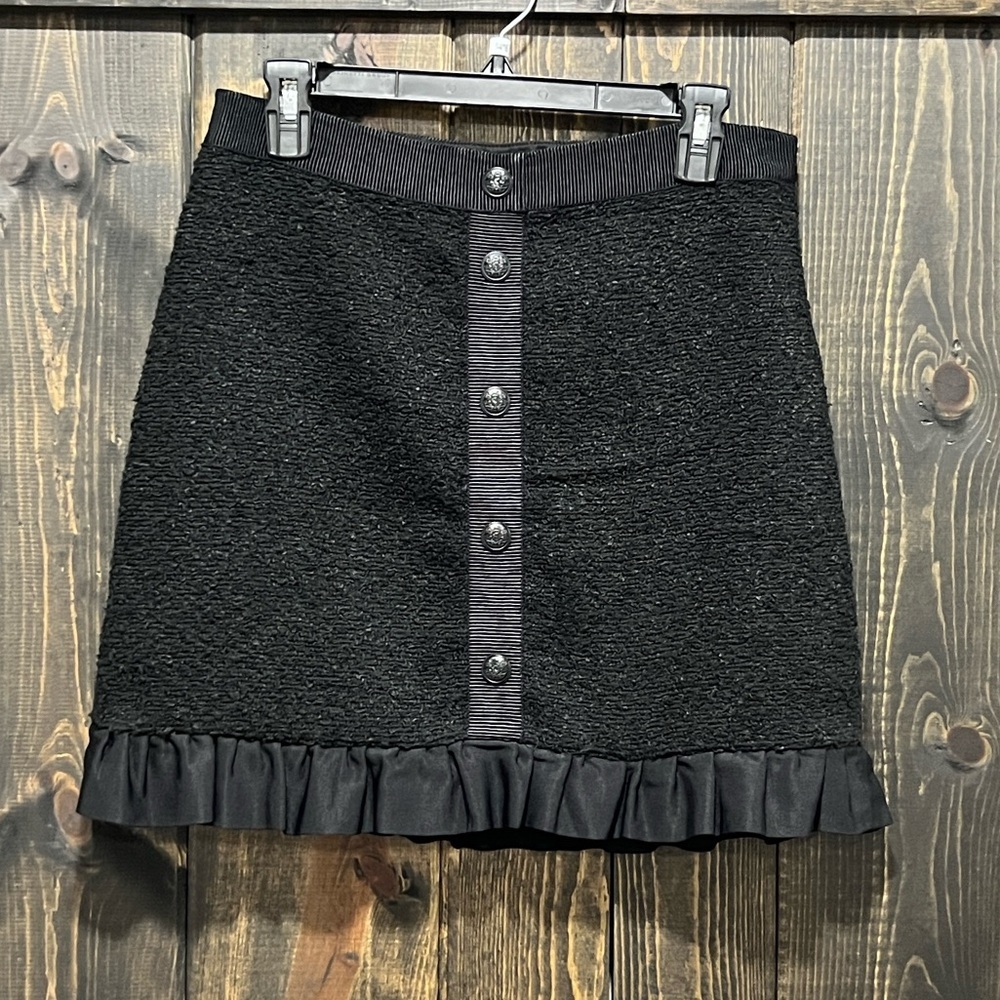LOFT Black Ruffle Mini Skirt 6 Textured Boho Chic Dark Academia Mixed Media Prep